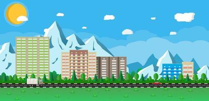 små stad landskap. hus i de bergen bland de träd. väg med bilar. blå himmel med Sol och moln. vektor illustration i platt tyle