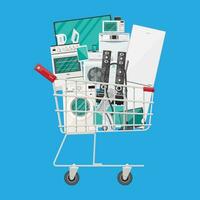 hushåll enheter i handla vagn. elektronik butiker försäljning. vektor illustration i platt stil