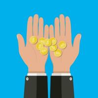Hände mit golden Münzen. Konzept von Ersparnisse, Spende, bezahlen. Vektor Illustration im eben Stil auf Grün Hintergrund