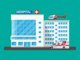sjukhus byggnad, medicinsk ikon. sjukvård, sjukhus och medicinsk diagnostik. brådskande karaktär och nödsituation tjänster. bil och helikopter. vektor illustration i platt stil