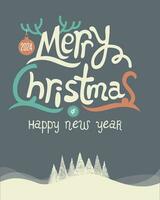 glad jul och ny år brev mall. hälsning kort inbjudan med jul träd på kullar. typografi Citat relaterad till vinter- högtider. vektor