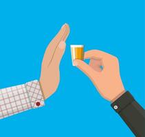 Alkohol Missbrauch Konzept. Hand gibt Glas von Whiskey zu andere Hand. halt Alkoholismus. Ablehnung. Vektor Illustration im eben Stil