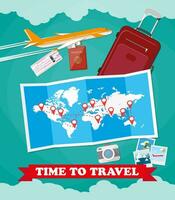 röd resväska resa väska, pass, flygplan biljett, Foto kamera, vikta Karta med destinationer, plan. vektor illustration i platt design på grön bakgrund