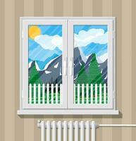 Sommer- Natur Landschaft mit Berge, Wald, Zaun, Himmel, Sonne und Wolken hinter Fenster . National Park. Vektor Illustration im eben Stil