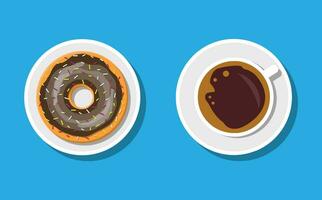 Kaffee Tasse und Donuts mit Schokolade Creme. Kaffee heiß trinken. Krapfen in Glasur. Konzept zum Cafe, Restaurant, Speisekarte, Nachspeisen, Bäckerei. Frühstück oben Sicht. Vektor Illustration im eben Stil