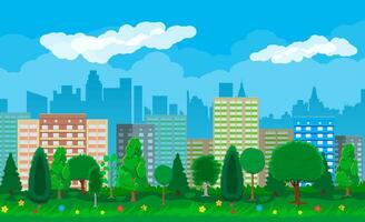 modern stad se. stadsbild med kontor och bosatt byggnader, stad parkera med träd och blommor, himmel och moln. vektor illustration i platt stil