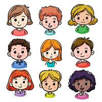 Karikatur Kinder Avatare Satz. süß Gesichter von Jungs und Mädchen mit anders vektor