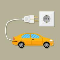 Gelb elektrisch Fahrzeug Auto mit Weiß Stecker. Laden Öko Wagen. Vektor Illustration im eben Design auf braun Hintergrund