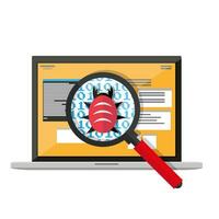 Fehler und Virus im das Programmierung Code, Notizbuch mit Entwickler Anwendungen, Vergrößerung Glas, Getriebe. Software testen Qualität Kontrolle. Vektor Illustration im eben Stil