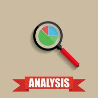 Geschäft Analyse. Diagramm Kuchen unter das Vergrößerung Glas. Vektor Illustration im eben Stil mit Schatten auf braun Hintergrund