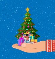 Weihnachten Baum dekoriert im Hand mit bunt Bälle, Girlande Beleuchtung, golden Stern. viele von Geschenk Boxen. Fichte immergrün Baum. Gruß Karte, festlich Poster. Neu Jahr. Vektor Illustration im eben Stil
