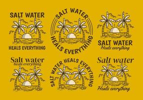 Salz- Wasser heilt alles. retro Linie Kunst Illustration von ein Strand mit groß Sonne vektor