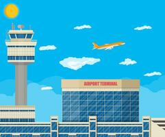 Flugzeug über das Boden. Flughafen Steuerung Turm, Terminal Gebäude und Parkplatz Bereich. Himmel mit Wolken und Sonne. Vektor Illustration im eben Stil