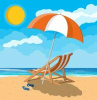 landskap av trä- schäs vardagsrum, paraply, flip flops på strand. Sol med reflexion i vatten och moln. dag i tropisk plats. vektor illustration i platt stil