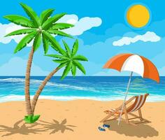 landskap av trä- schäs vardagsrum, handflatan träd på strand. paraply och flip floppar. Sol med reflexion i vatten och moln. dag i tropisk plats. vektor illustration i platt stil