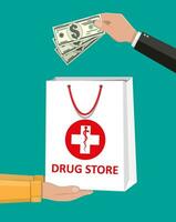 Weiß Einkaufen Tasche zum medizinisch Tabletten und Flaschen, Gesundheitswesen und Einkaufen, Apotheke, Droge speichern. Hand mit Geld. Lieferung. Vektor Illustration im eben Stil