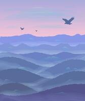 panorama av kullar. solnedgång dimma. flygande örnar. vektor illustration