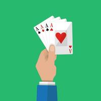 fyra ess av poker i hand. hasardspel underhållning. kort spel. vektor illustration i platt stil på grön bakgrund