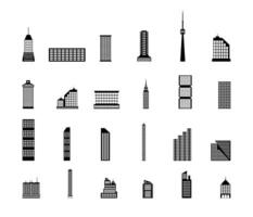 einstellen von verschiedene Stadt Gebäude. Wohn und Büro Gebäude, Fernsehen Turm. Vektor Illustration im eben Stil isoliert auf Weiß Hintergrund