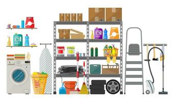 Innere von modern Abstellraum mit Metall Regale, Lagerung, Kisten, Treppe, Räder, Reinigung Zubehör, Waschen Maschine, Eisen Planke, Vakuum. Haushalt. Vektor Illustration im eben Stil