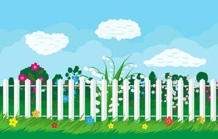 sommar natur landskap med växter och staket. vektor illustration i platt stil