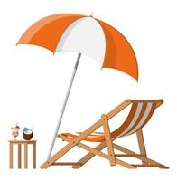 hölzern Chaise Salon. Sonne Liege, Liegestuhl, Sonnenbank, Strand Stuhl mit Regenschirm. Tabelle mit Glas von Cocktail und Kokosnuss. Vektor Illustration im eben Stil