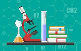 laboratorium Utrustning, burkar, bägare, flaskor, mikroskop och lugg av böcker. biologi vetenskap utbildning medicinsk. vektor illustration i platt stil