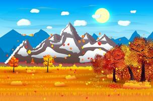 Natur Landschaft mit Wald, Feld und Berge Sonne. Vektor Illustration