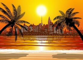 stad horisont silhuett på solnedgång. skyscapers, torn, kontor och bosatt byggnader. hav, strand, handflatan träd och stadsbild under soluppgång himmel. vektor illustration