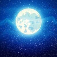voll Mond schließen oben und um das Sterne mit Nebel auf dunkel Blau Hintergrund, Vektor Illustration