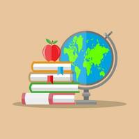 Bildung Konzept. Globus, Stapel von Bücher, rot Apfel. Vektor Illustration im eben Stil auf braun Hintergrund
