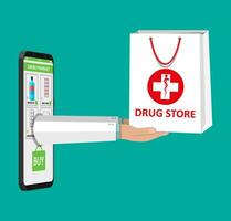 Hand und Smartphone mit Einkaufen App. Weiß Einkaufen Tasche zum medizinisch Tabletten und Flaschen, Gesundheitswesen und Einkaufen, Apotheke, Droge speichern. Vektor Illustration im eben Stil