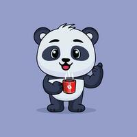 Emoticon von süß Panda lächelt mit Tasse von Kaffee Vektor Karikatur Illustration