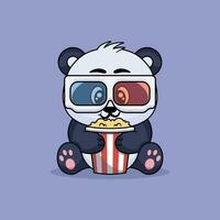 Emoticon von süß Panda Kauen Popcorn, Aufpassen Film im 3d Brille Vektor Karikatur Illustration