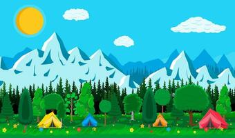 Wiese mit Gras und Camping. Zelte, Blumen, Berge, Bäume, Himmel, Sonne und Wolken. Vektor Illustration im eben Stil