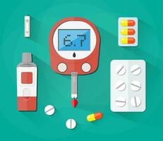 Blut Glucose prüfen, Prüfung Streifen und Pillen, Diabetes Satz. Vektor Illustration im eben Stil auf Grün Hintergrund