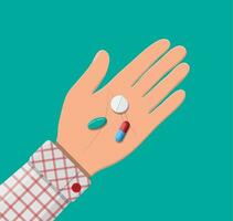 Tabletten zum Krankheit und Schmerzen Behandlung im Hand. medizinisch Arzneimittel, Vitamin, Antibiotikum. Gesundheitswesen und Apotheke. Vektor Illustration im eben Stil