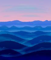 Panorama von Hügel. Sonnenuntergang Nebel. Vektor Illustration