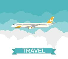 Bild von ein Zivilist Flugzeug mit Wolken und Reise unterzeichnen. Vektor Illustration im eben Design. Reise Konzept