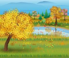Herbst Natur Landschaft mit Wald und See. Vektor Illustration