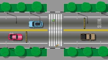 fotgängare korsning med hastighet stöta. fordon på väg. bilar väntar för människor till korsa de gata. trafik föreskrifter. regler av de väg. motorväg topp se. vektor illustration i platt stil