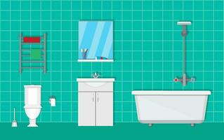 Badezimmer mit Möbel. Waschbecken mit Spiegel, Badewanne, Handtuch Trockner. Toilette, Papier und Bürste. Vektor Illustration im eben Stil auf Grün Hintergrund