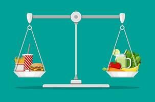 Waage mit schnell Essen und organisch Produkte. Diät, Ernährung, Fitness und Gewicht Verlust oder Übergewicht fett. fettig Cholesterin vs. Vitamine von Früchte Gemüse. Essen Auswahl. eben Vektor Illustration