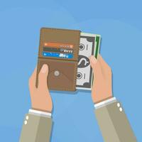 mänsklig händer sätta kontanter dollar in i öppnad brun läder män plånbok med kreditera kort. vektor illustration i platt design på blå bakgrund