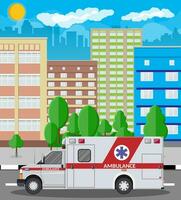 Krankenwagen Wagen. Notfall Fahrzeug. Krankenhaus Transport. Gesundheitspflege, Krankenhaus und medizinisch Diagnose. Dringlichkeit und Notfall Dienstleistungen. Stadtbild, Gebäude, Himmel, Sonne. Vektor Illustration im eben Stil