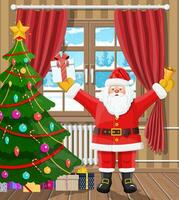 santa i rum med jul träd och gåvor. Lycklig ny år dekoration. glad jul Semester. ny år och xmas firande. vektor illustration platt stil