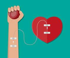 Hand von Spender mit Herz. Blut Spende Tag Konzept. Mensch spendet Blut. Vektor Illustration im eben Stil.
