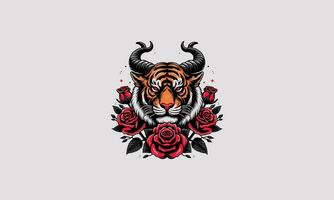 Kopf Tiger mit Horn und Rose Vektor tätowieren Design