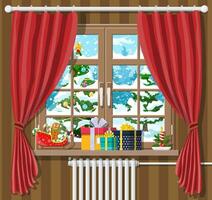 Weihnachten Landschaft mit Wald im Fenster. Innere von Zimmer mit Geschenke. glücklich Neu Jahr Dekoration. fröhlich Weihnachten Urlaub. Neu Jahr und Weihnachten Feier. Vektor Illustration eben Stil