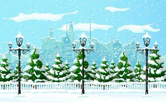 jul vinter- stadsbild, snöflingor och träd. stad parkera snö gränd och byggnader. Lycklig ny år dekoration. glad jul Semester. ny år och xmas firande. vektor illustration platt stil